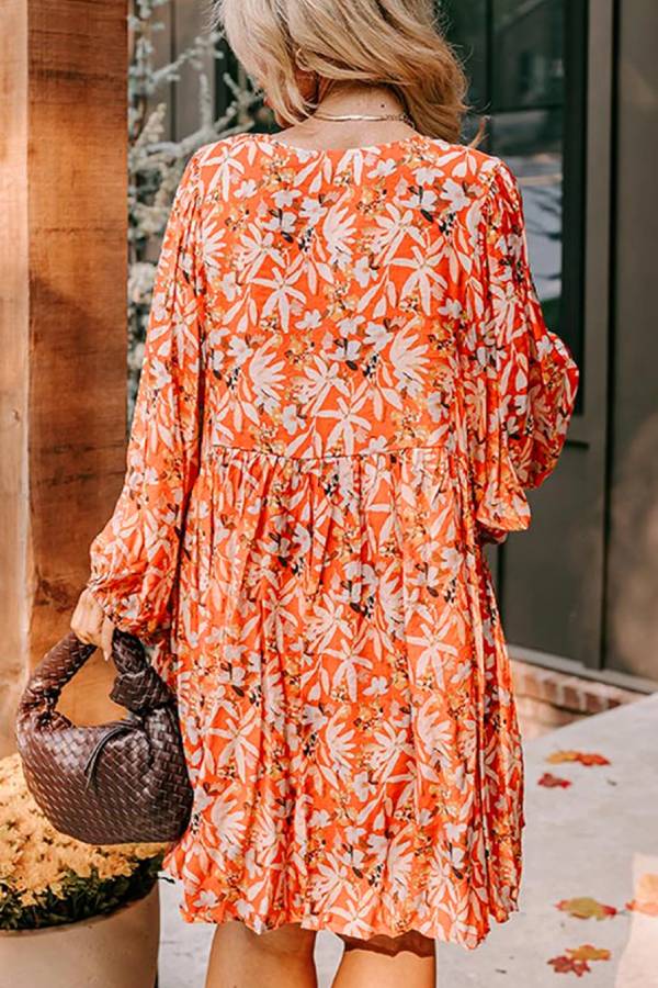 Orange Floral Print Split V Neck Bubble Sleeve Plus Size Midi Dress