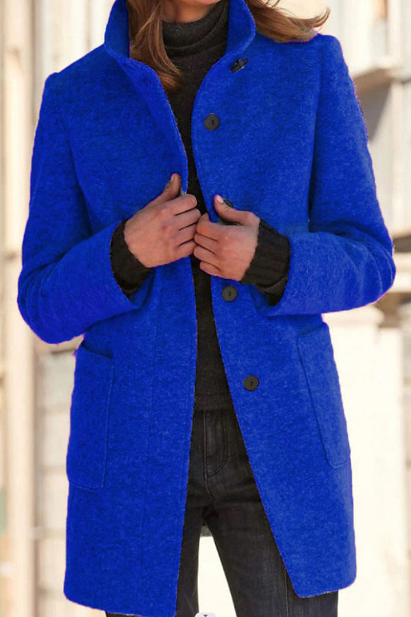 Retro Solid Color Button Stand Collar Wool Jacket