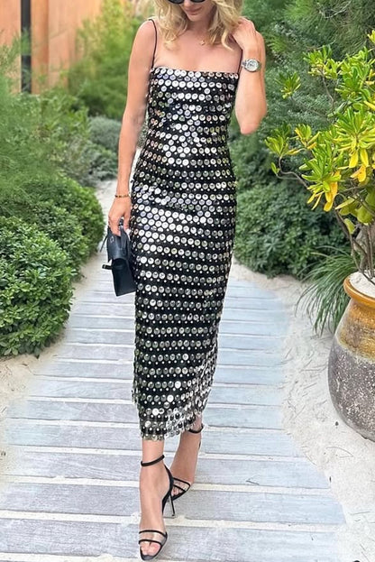 Sexy Sequined Halter-neck Backless Slim Fit Slit Midi Dress