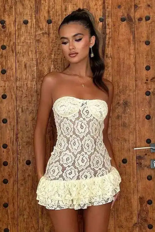 Floral Lace Strapless Corset Ruffle Trim Mini Dress