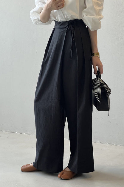 Asymmetrical Placket Tie Relaxed High Waist Long Pants