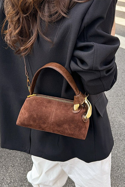 Plain Suede Retro Metal Detail Pillow-style Shoulder Crossbody Bag