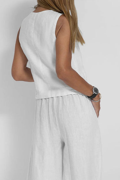 Women Casual Linen Waistcoat Two Set Suits