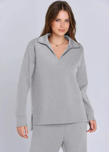 Relaxed Collar Pullover & Wide-Leg Pants Set