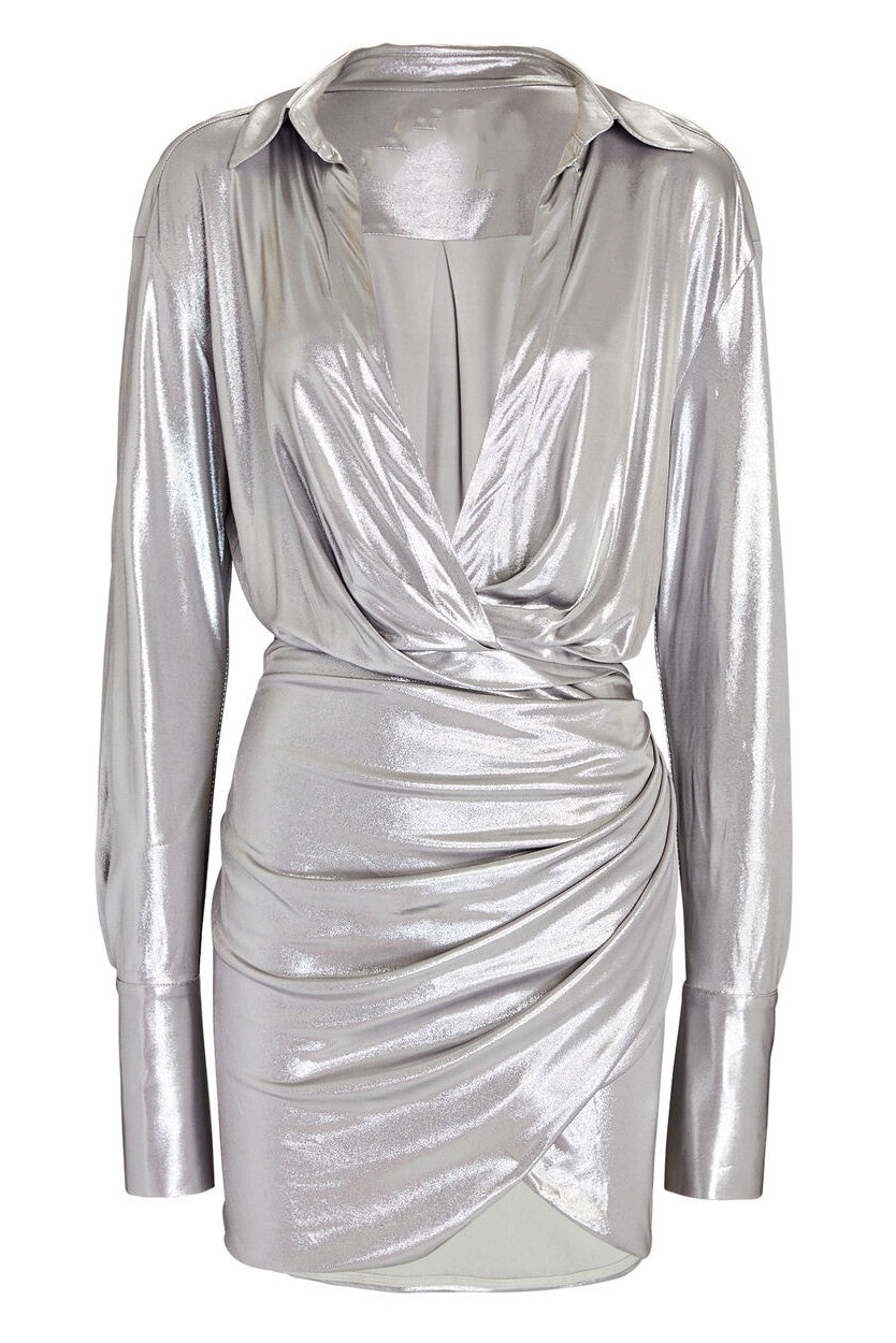 Frederica Metallic Ruched V-neck Mini Dress