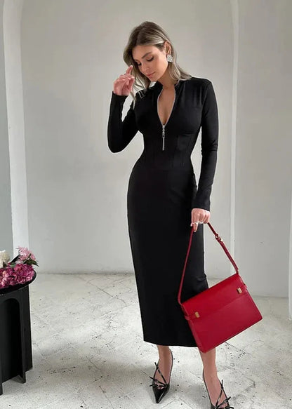 Zipper Split Slim Fit Long Sleeve Dress