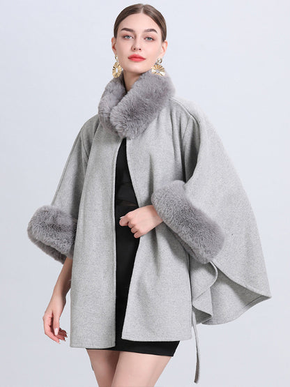 Women Poncho High Collar Light Gray Oversized Faux Fur Cape
