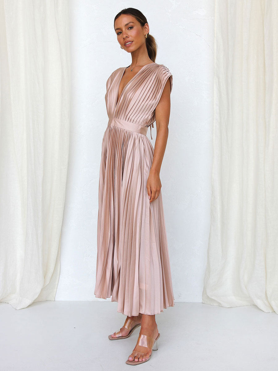 Midi Dress V-Neck Sleeveless Casual Oversized Pleated Party Prom Dress