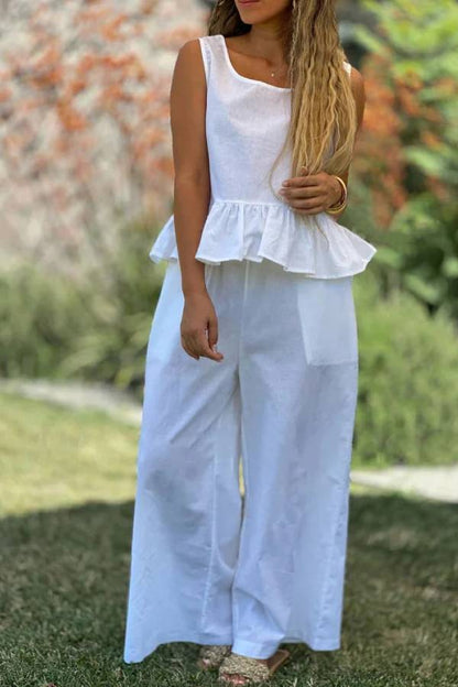 Cotton And Linen Solid Color Sleeveless Top & Wide Leg Pants Two-Piece Set