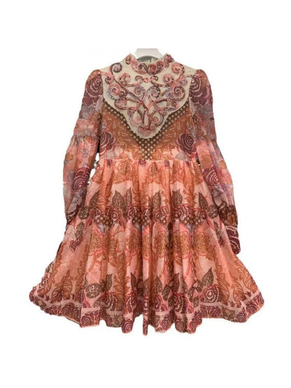 Floral Print Vintage High Neck A Line Dress