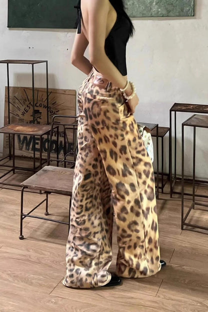 Leopard Print Low Rise Wide Leg Jeans