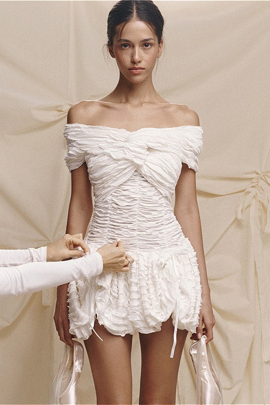 Off-Shoulder Twisted Knot Ruched Shirred Bubble Hem Mini Dress