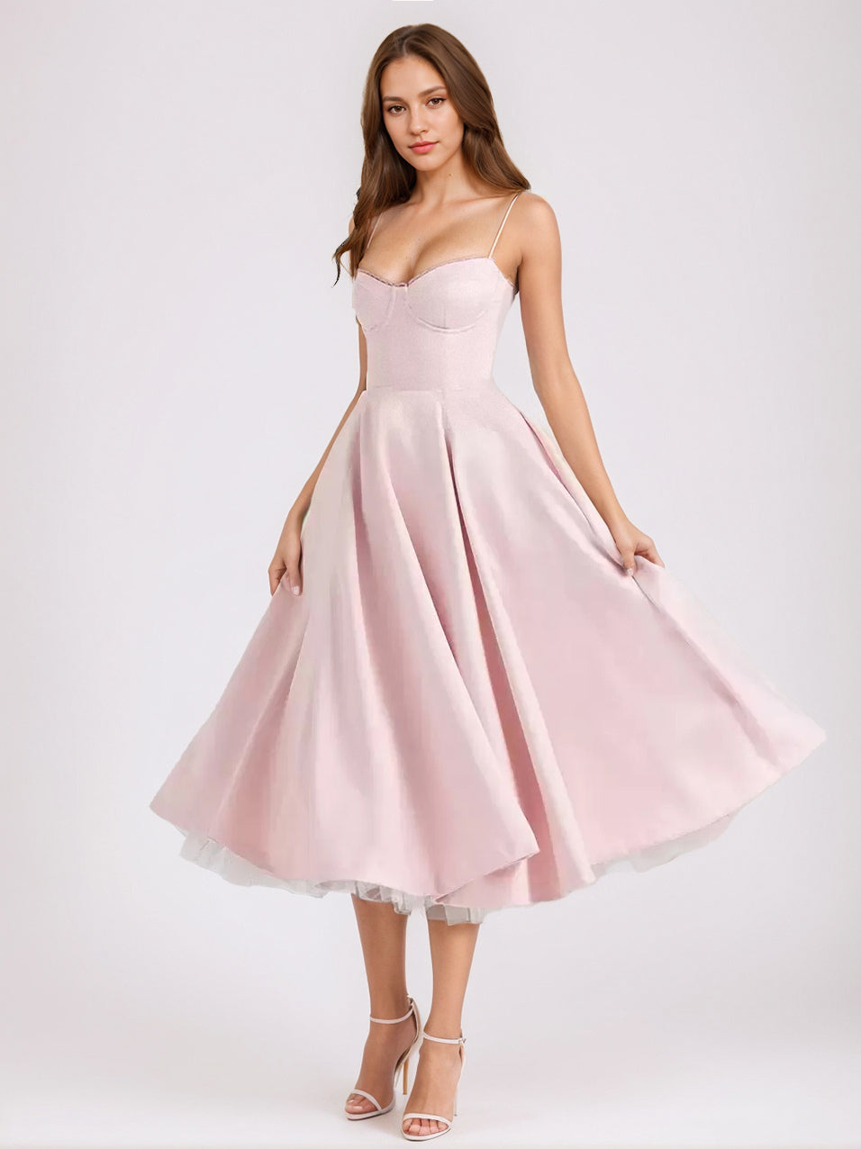 Soft Pink Corset Midi Dress Sweetheart Neck Straps A-line Birthday Party Dress For Women 2026