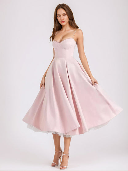 Soft Pink Corset Midi Dress Sweetheart Neck Straps A-line Birthday Party Dress For Women 2026