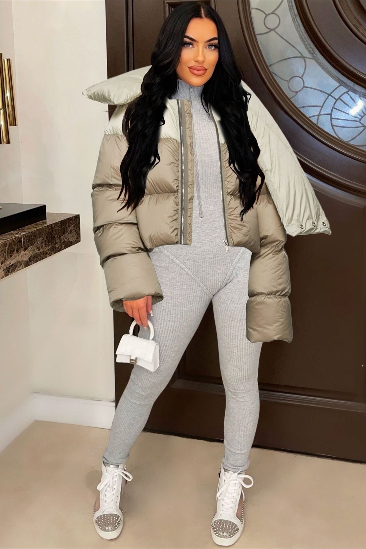 High Neck Scarf Collar Quilted Puffer Jacket