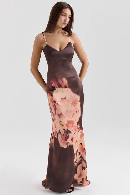 Floral Spaghetti Strap V-Neck Backless Waist Tie Maxi Dress