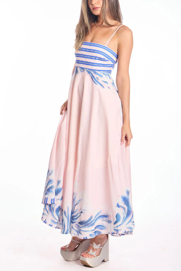 Unique Print Square Neck Spaghetti Strap Back Gathered Maxi Dress