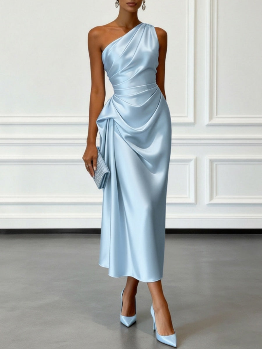Satin Pleated One Shoulder Grace Formal Dress Maxi Dresses