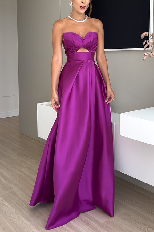 Strapless Lace-up High Slit Satin Maxi Party Dress