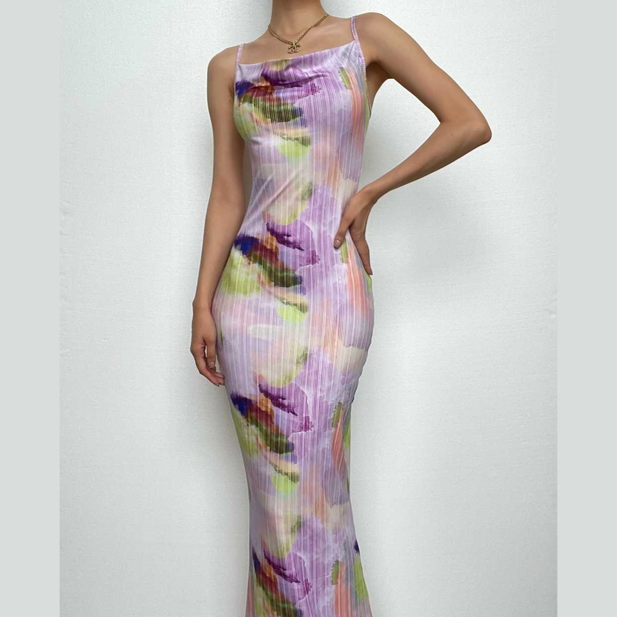 Backless cowl neck v neck contrast print cami maxi dress-final-sale
