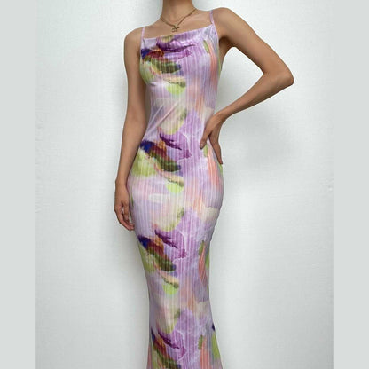 Backless cowl neck v neck contrast print cami maxi dress-final-sale