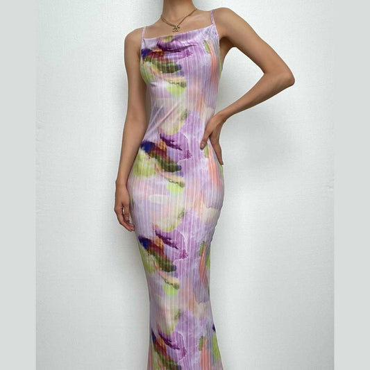 Backless cowl neck v neck contrast print cami maxi dress-final-sale