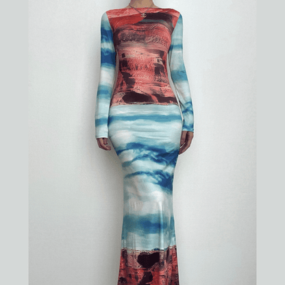 Long sleeve abstract crewneck contrast maxi dress
