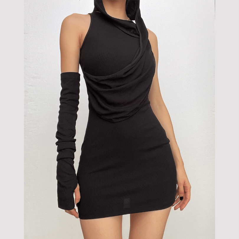 Rib Knit Hood Cowl Overlay Single Glove Sleeve Bodycon Mini Dress