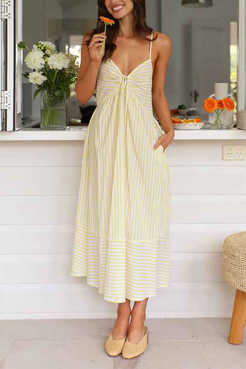 V Neck Lace-up Striped Midi Cami Dress