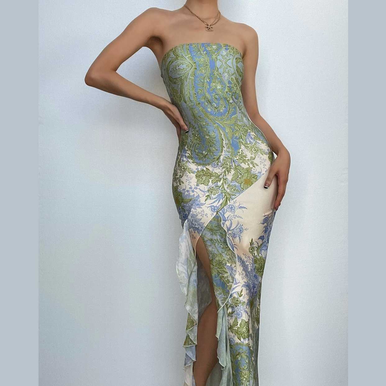 Strapless Floral Paisley Print Ruffle Slit Tube Maxi Dress