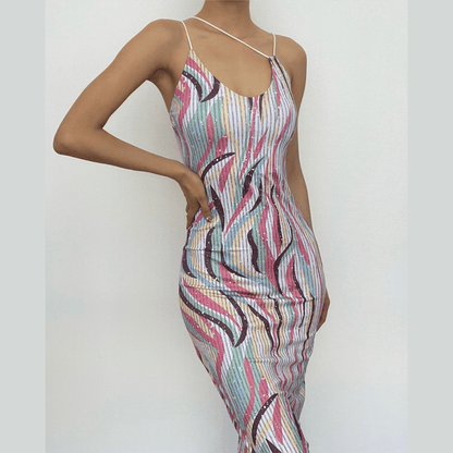 Spaghetti Strap Crossover Strap Abstract Pinstripe Print Bodycon Midi Dress