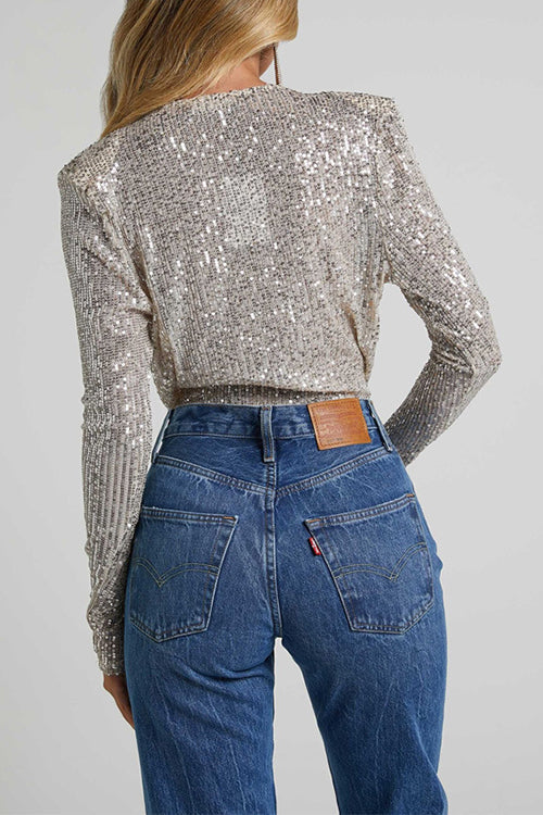 Wrap Deep V Neck Long Sleeves Sequin Bodysuit