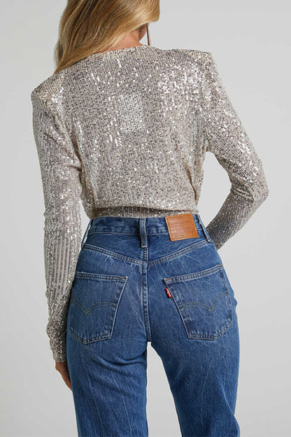 Wrap Deep V Neck Long Sleeves Sequin Bodysuit