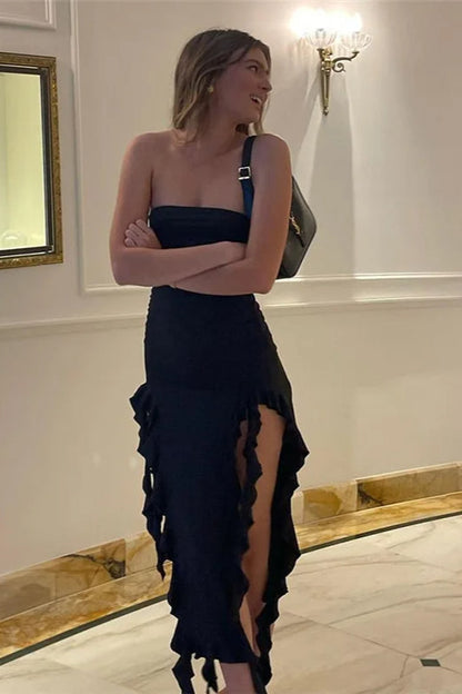 Strapless Ruched Ruffle Trim High Slit Midi Dress