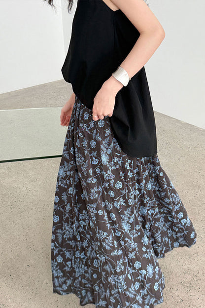 Retro Floral High Waist Pleated A Line Skirt