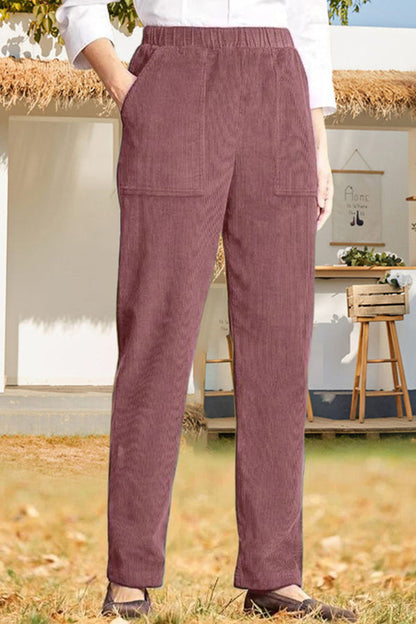 Solid color elastic waist striped straight casual pants