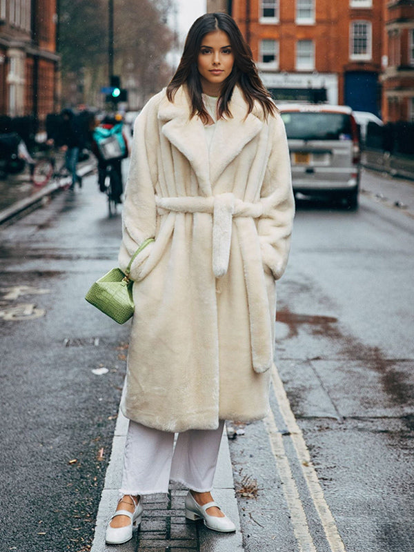 Longline Fux Fur Coat Notched Lapel Belted Eco-friendly Winter Jacket 2026