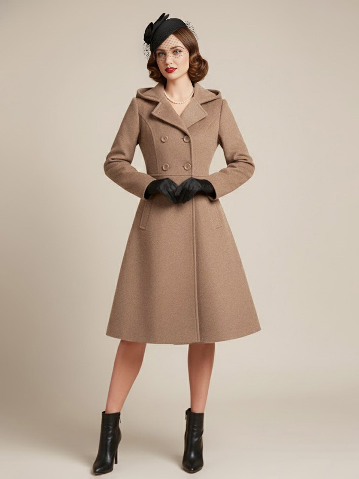 Vintage Hooded A-line Double-breasted Woolen Midi Coat For Women 2026