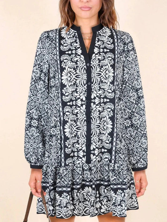 Contrast Piping Vintage Floral Dress