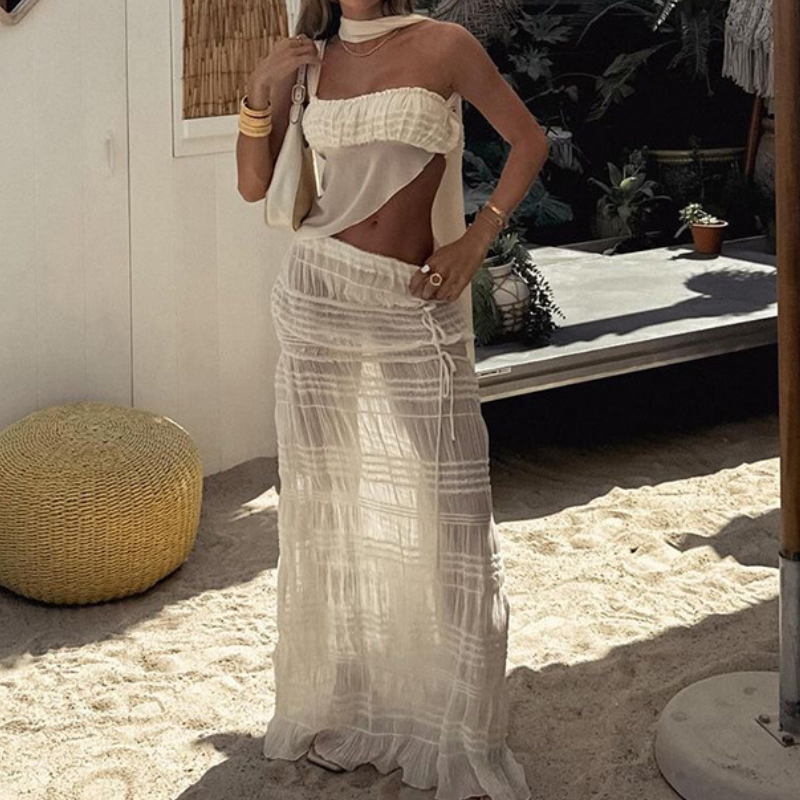One shoulder mesh maxi skirt set