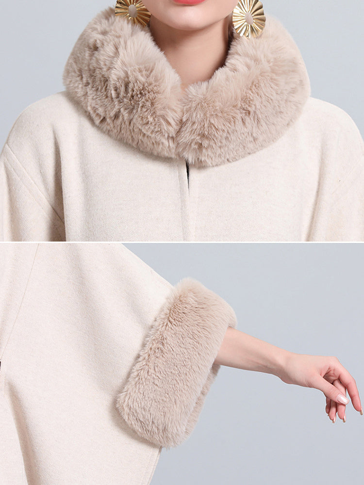 Women Poncho High Collar Light Gray Oversized Faux Fur Cape