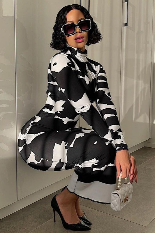 Floral Print High Neck Long Sleeve Bodycon Maxi Dress
