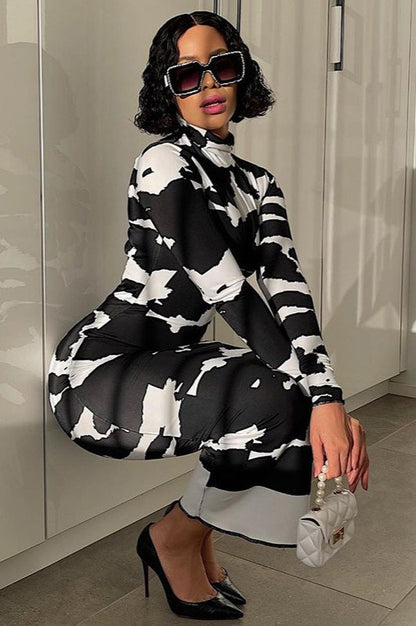 Floral Print High Neck Long Sleeve Bodycon Maxi Dress