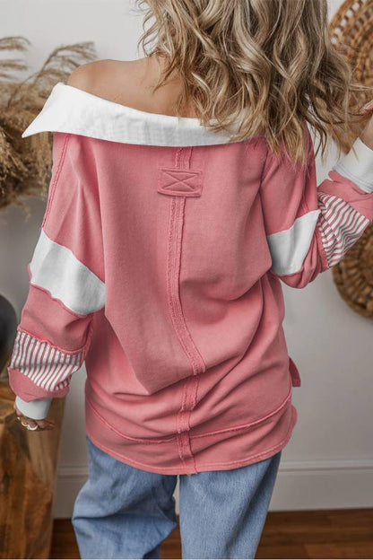 Light French Beige Striped Patchwork Collar Sweatshirt