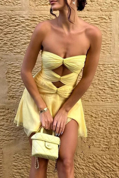 Strapless Cutout Twist Front Pleated Chiffon Fit and Flare Mini Dress