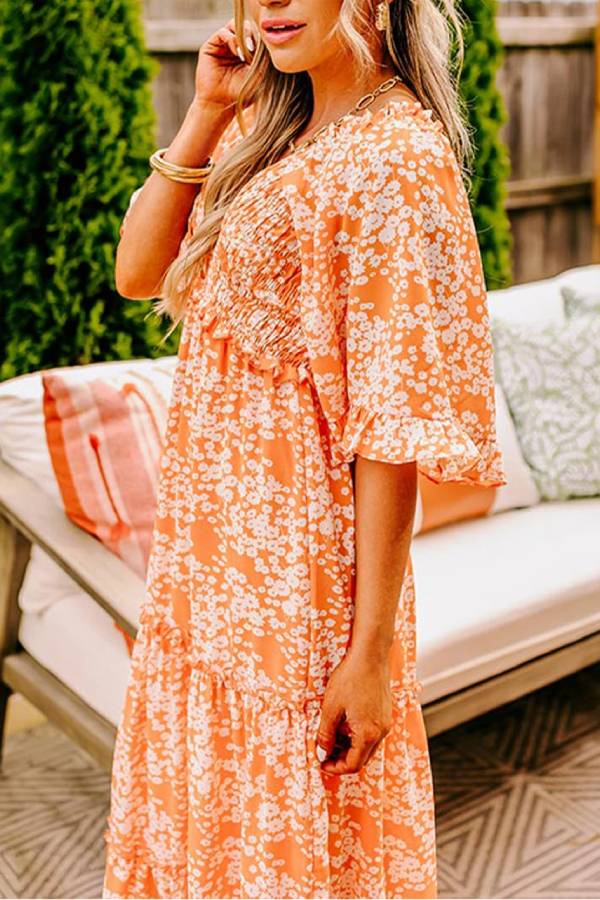 Orange Floral Print Smocked V Neck Bell Sleeve Maxi Dress
