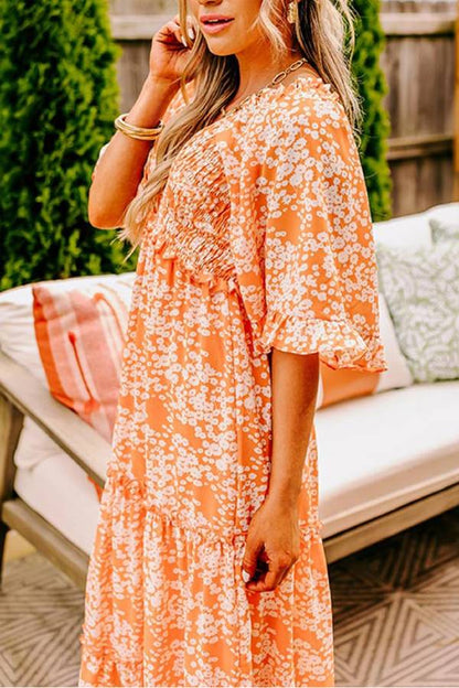 Orange Floral Print Smocked V Neck Bell Sleeve Maxi Dress