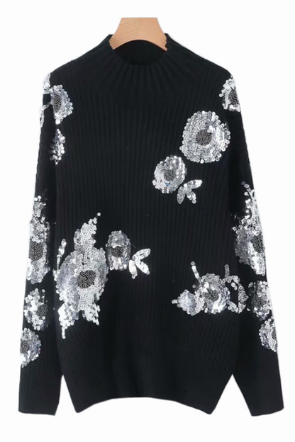 Turtleneck Loose-fitting Sequined Floral Pattern Long Sleeve Knitted Sweater
