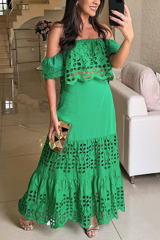 Valia Crochet Cutout Lace Off Shoulder Top and Elastic Waist A-line Maxi Skirt Set