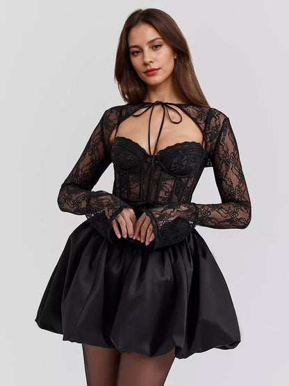 Black Lace Corset Dress With Detachable Bolero Birthday Party Puffball Mini Dress For Women 2026